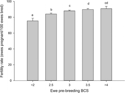 Figure 3 The effect of ewe lamb breeding BCS (≤2.0, 2.5, 3.0, 3.5 or ≥4.0) on fertility rate (ewes pregnant per 100 ewes presented for breeding), back transformed logit mean ± 95% confidence interval. Bars with different letters are significantly different (P < 0.05).