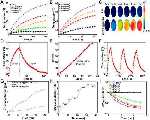 Figure 2 (A) Concentration-dependent temperature change of the SNP/PEI-ICG@PEG solution after exposure to NIR irradiation (1.0 W/cm2, 5 min; concentration:112.5, 225, 450, 1000 μg/mL); (B) power-dependent temperature change of 450 μg/mL SNP/PEI-ICG@PEG solution under irradiation; (C) infrared thermal imaging of PBS and SNP/PEI-ICG@PEG solutions (450 μg/mL) under NIR irradiation (1.0W/cm2, 5 min); (D) temperature change curves for the SNP/PEI-ICG@PEG solution (450 μg/mL, 1.0 W/cm2) under NIR irradiation and after switching off the laser switching; (E) the cooling time plot versus negative natural logarithm of driving force temperature (-lnθ) with τs = 242.3 and a concentration of 450 mg/mL; (F) photothermal cycle curve of the SNP/PEI-ICG@PEG solution (450 μg/mL, 1.0 W/cm2) in the third open-concern cycle under NIR irradiation; (G) NO release from SNP/PEI-ICG@PEG without NIR irradiation and SNP and SNP/PEI-ICG@PEG with NIR irradiation (all sample concentrations adjusted to 1 mg/mL) (1.0 W/cm2); (H) the “on–off” release behavior of SNP/PEI-ICG@PEG (1 mg/mL) under NIR irradiation (1.0 W/cm2); (I) UV absorption changes of DPBF at 418 nm only under irradiation of SNP/PEI-ICG@PEG cocultured with NIR (1.0 W/cm2) and DPBF at different NIR powers (0.4, 0.8, 1.0, and 1.6 W/cm2).