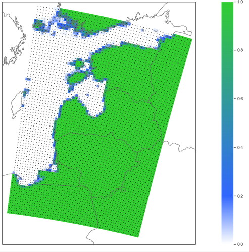 Fig. 2. UERRA reanalysis data used in this study (56 × 80 gridpoints). Black dots indicate centres of gridpoints. Colours show model data for land/sea coverage of grid cells, 1 – land, 0 – sea.