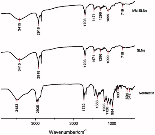 Figure 4. FT-IR spectra for IVM-SLNs, solid lipid nanoparticles (SLNs) and ivermectin (IVM) on KBr disks.