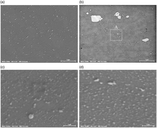 Figure 17. SEM images of precipitate evolution in TMAZ/HAZ as a result of PWHT, (a) advancing side of sample AW-T3, (b) advancing side of sample PSPW-T8, (c) retreating side of sample AW-T3, and (d) retreating side of sample PSPW-T8.