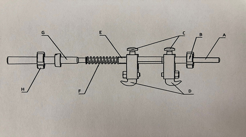 Figure 1 Schematic diagram of an adjustable skin distractor (A: drawbar, B: front nut, C: fastening screw, D: L-shaped connecting rod, E: measurement scale, F: elastic ring, G: propelling tube, H: rear nut).