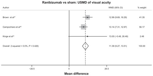 Figure 3 Forest plot of unstandardized mean difference of visual acuity between ranibizumab and sham in retinal vein occlusion.