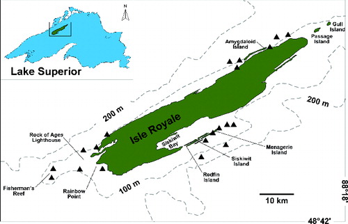 FIGURE 1. Lake Trout sampling locations (solid triangles) at Isle Royale, Lake Superior. [Figure available online in color.]