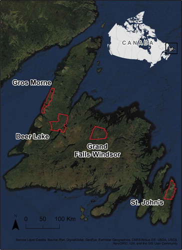 Figure 1. The Island of Newfoundland and the locations of the study areas within which field data was collected