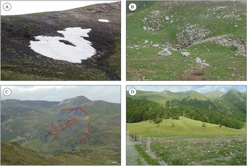 Figure 5. Examples of other geomorphological landforms identified in the area: (A) long-lying snow patch at 2350 m, in the north face of the Armèros Peak; Unhòla Valley (B) dolines located in the Sascorjada glacial cirque, Toran Valley; (C) Rock slope deformation at the Varradòs Valley; (D) alluvial fan connected with the fluvial plain at the Joèu Valley.