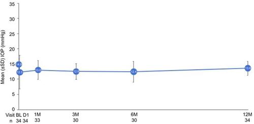 Figure 7 Mean intraocular pressure (IOP) over time in Group 2. Effectiveness seen as no change in mean IOP across all postoperative visits up to Month 12 as compared to baseline (P>0.05). Error bars, SD.Abbreviations: BL, baseline; D, day; M, month; n, number of eyes available for analysis.