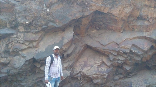 Figure 4. Complex joint pattern observed along cut slopes at Markundi Hill, Sonbhadra (U. P.). The bedding parallel joint along with two other joints forms wedge of varying sizes leading to rock fall along the entire cut slope.