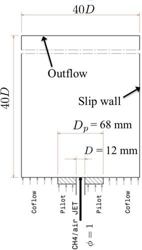 Figure 2. A schematic of the experimental (Chen et al., Citation1996) and computational setup of piloted stoichiometric methane-air Bunsen flames.