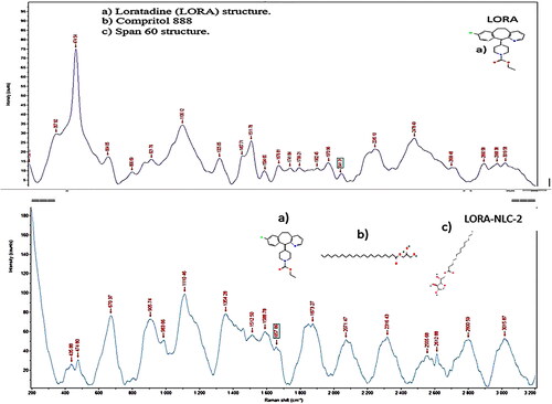 Figure 4. Raman spectra of pure Loratadine powder (LORA) and optimized formula (LORA-NLCs-2).