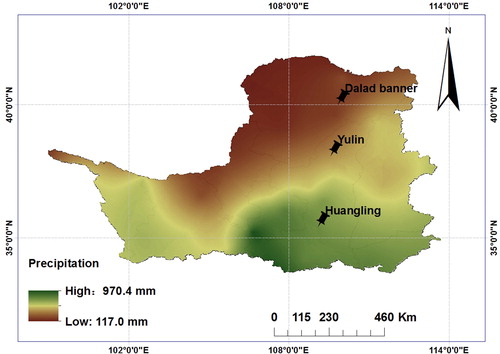 Figure 1. Sampling sites (Huangling, Yulin and Dalad Banner) of Caragana korshinskii along a precipitation gradient of Loess Plateau. Source: Authors.