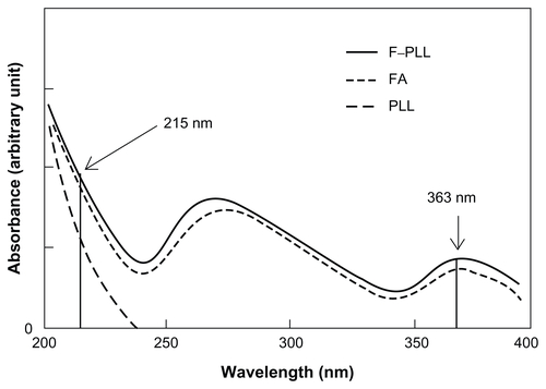 Figure S1 UV spectra of F–PLL, FA, and PLL solutions.Abbreviations: FA, folic acid; F-PLL, folate-poly(L-lysine).