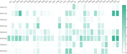 Figure 4. Expression matrix plots of RSPOs in multiple tumors. The density of color in each block represents the median expression value of a gene in a given tissue, normalized by the maximum median expression value across all blocks.