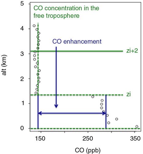 Fig. 1 Illustration of the CO enhancement in the mixed layer (height z i) above the CO in the free troposphere.