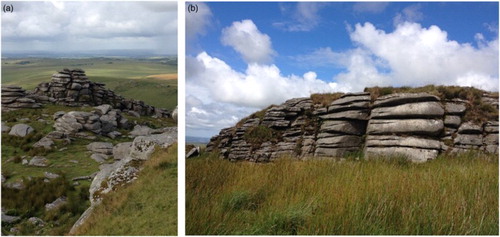 Figure 2. Examples of closely spaced granite pseudo-bedding controlling thin, disc-like blocks in tor stacks and stumps: (a) Rough Tor; (b) Brown Willy.