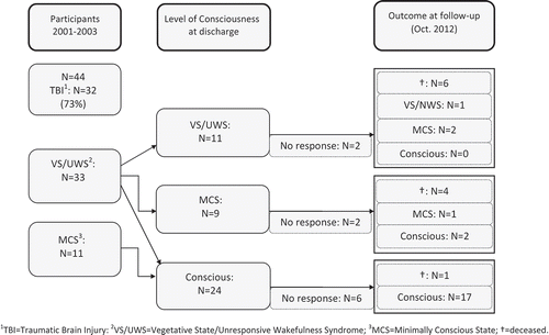Figure 1. Flow chart of the level of consciousness of all 44 patients who were admitted to the neurorehabilitation programme between 2001–2003.