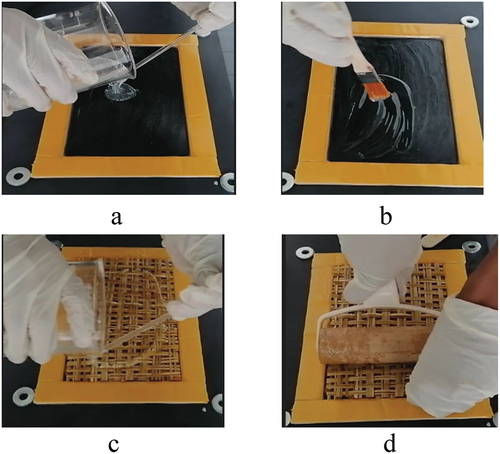 Figure 5. Sample preparation process a pouring properly mixed resin, b distributing resin throughout the mold cavity by using brush, c adding the first woven fiber and then resin, d wetting the woven by using roller (Yassin et al. Citation2023).