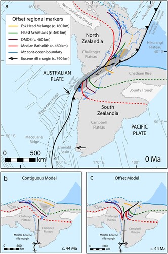 Figure 1. A, Present-day configuration of basement terranes through the Aotearoa-New Zealand plate boundary (after Mortimer Citation2014). Abbreviation, DMOB = Dun Mountain Ophiolite Belt. Displacements of key strain markers shown in brackets. B, Middle Eocene model for the distribution of gently curving contiguous strain markers and Mesozoic continental-ocean boundary prior to ∼800 km of right-lateral transpression along the Alpine Fault (e.g. Sutherland Citation1995; King Citation2000). Central deformed region (CDR) or the ‘missing area’ inferred by previous rigid plate reconstructions (Kamp Citation1987; King Citation2000; Wood and Stagpoole Citation2007) shown by grey triangle. C, Alternative model of strain markers offset by Cretaceous left-lateral motion (e.g. Bradshaw et al. Citation1996; Lamb et al. Citation2016).
