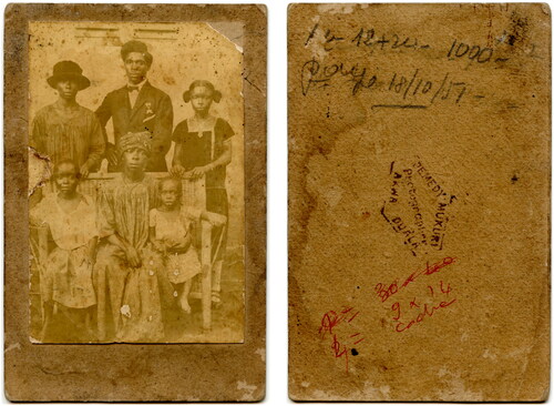 Figures 2 and 3 Studio portrait, front and backside. Photographer Yemedi Mukuri, Akwa, Douala. No date, probably 1920s. Courtesy of African Photography Initiatives (APhI)