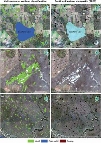 Figure 9. Examples of selected areas in Figure 7 showing a visual comparison of the optimal wetland inventory (a, c, and e) and medium resolution Sentinel-2 natural composite image (b, d, and f)
