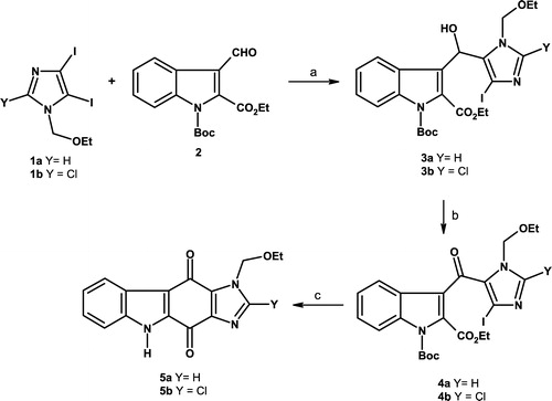 Scheme 1 Synthesis of compounds 3–5. Reagents: (a) n-BuLi (1 eq), THF, − 78°C, 5 min, then 2 (1.2 eq), THF, − 78°C, 45 min, 3a = 49%, 3b = 50%; (b) MnO2 excess, CH2Cl2, r.t., 15 h, 4a = 66%, 4b = 84%; (c) n-BuLi (1 eq), THF, − 78°C, 1 h then r.t., 1 h, 5a = 48%, 5b = 52%.