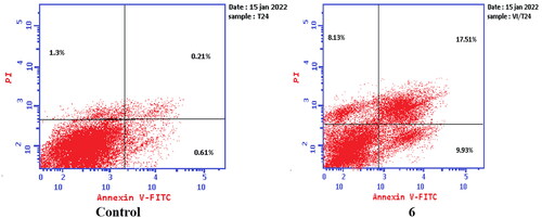 Figure 13. Representative dot plots of T-24 cells treated with 6 (5.68 μM) for 24 h and analysed by flow cytometry after double staining of the cells with annexin-V FITC and PI.