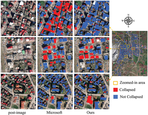 Figure 16. Comparison of collapsed building recognition results in partially zoomed-in areas. Post-disaster WorldView-3 images Microsoft’s results and our results.