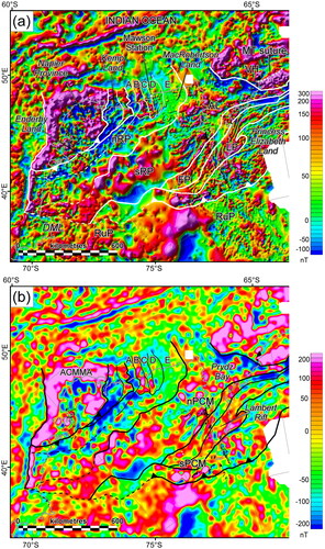 Figure 3. (a) Sun-shaded, reduced to the pole map of the total magnetic anomaly over the study area in East Antarctica. The solid white lines represent the interpreted tectonic element boundaries determined from the geophysical data. Abbreviations: AL, Amery Lineament; DML, Dronning Maud Land; nRP, Northern Rayner Province; sRP, Southern Rayner Province; FP, Fisher Province; LP, Lambert Province; RuP, Ruker Province; VH, Vestfold Hills. (b) Low-pass filtered map of the aeromagnetic anomaly map showing the distribution of regional-scale magnetic anomalies. The solid black lines represent the interpreted tectonic element boundaries determined from the geophysical data. Abbreviations: ACMMA, Antarctic Continental Margin Magnetic Anomaly; nPCM, Northern Prince Charles Mountains; sPCM, Southern Prince Charles Mountains. Data are sourced from Antarctic Digital Anomaly Project (ADMAP, Golynsky, Chiappini, et al., Citation2006; Golynsky, Golynsky, et al., Citation2006; Golynsky, Masolov, et al., Citation2006). Data were processed using Oasis Montaj (Seequent). Outcrops and nunataks are superimposed on the data. All data are projected in Universal Polar Stereographic South (UPSS) and rotated 90° clockwise.