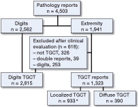 Figure 4. Inclusion flowchart. a Localized TGCT affecting extremities, excluding digits.
