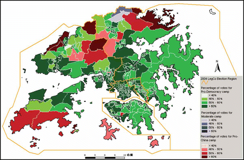 Figure 5. Results of the 2004 LegCo Election. The map shows the majority vote counts of political camps by voting areas. (Available in colour online.)