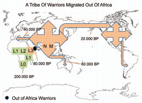 Figure 5 A war-prone tribe migrated out of Africa to populate the world. The hypothesis proposed that the tribe that migrated out of Africa ca. 80,000 years ago was a tribe that practiced ritual fighting and possibly was a clan(s) of warriors that used murder and war to solve conflicts.