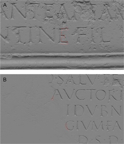Figure 7. Secondary restoration of lettering on the Chichester tablet: A = Letter ‘E’ mistakenly restored in modern tablet (zones highlighted in red); B = Restored elements of lettering on repaired area (zones highlighted in red).