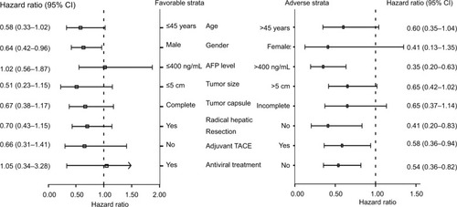 Figure 2 Stratified analysis of the association between VCAN haplotypes (TAGTG haplotype vs. other haplotypes) and OS of patients with resected early-stage HBV-associated HCC.Abbreviations: AFP, alpha-fetoprotein; HBV-associated HCC, hepatitis B virus-associated hepatocellular carcinoma; OS, overall survival; TACE, transarterial chemoembolization; VCAN, versican.