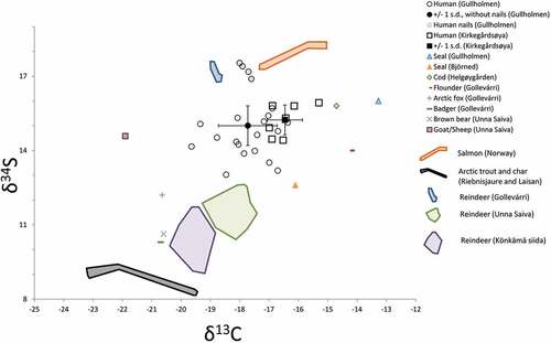 Fig. 5. Prediction of dietary intake for humans, based on the faunal data from Fig. 3 with a fractionation factor of +1‰ for δ13C and none for δ34S (DeNiro and Epstein Citation1978).