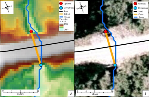 Figure 3. Digitized culvert using LiDAR crossing model overlaid with a hillshade DEM (a), and orthophoto reference showing digitized culvert (b).