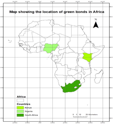 Figure 2. Map showing the location of green bonds in the economic hubs of Africa. Source: Authors.