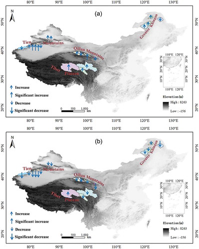 Figure 5. Changes in the index – dividing the runoff for a month (m3/s) by the CSSD (cm) – for (a) March and (b) May in the cryosphere areas of China.