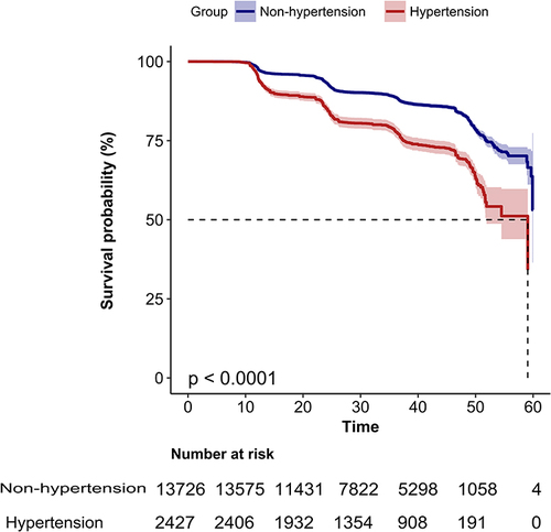 Figure 5 Kaplan–Meier event-free survival curve based on hypertension in the original cohort. Kaplan–Meier analysis of the probability of NAFLD-free survival based on hypertension (HBP) and non-hypertension (NHBP) in the original cohort (log-rank, P < 0.0001).