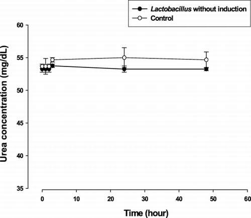 Figure 1. The mean (± SE) plasma urea nitrogen level at specified time of in vitro experiments: No significant change in plasma urea after incubation with Lactobacillus without preceding induction.