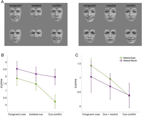 Figure 4. Stimuli and results of cue selection experiments. (A) examples of congruent, baseline, and conflict stimuli. Discriminability of expression measured when attending to the first cue and the second cue was (B) isolated, congruent, or in conflict with the first cue. (C) neutral, congruent, or in conflict with the first cue.