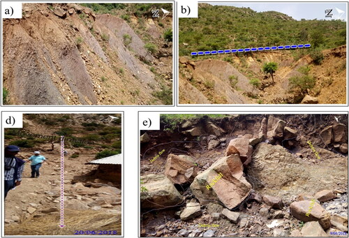 Figure 3. Field photographs illustrating landslides. (a) Debris flow in tillite deposits, (b) debris flow in tillite caused by stream erosion, (c) debris flow on trachytic rocks demolished residential house, and (d) mixed type slide (rock fall assisted by debris flow).