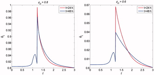Figure 8. Dependence of intracellular volume fraction on its initial level: (a) φi, 0 = 0.8; and (b) φi, 0 = 0.6.