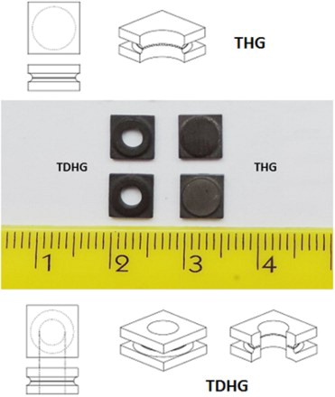 1 Hourglass Crofer22APU shaped samples; TDHG (left) with ring shaped joined area (5 mm outer diameter, 3 mm inner diameter) and THG-5 (right) 5 mm diameter fully joined area: detailed schematic of geometry used for torsion test