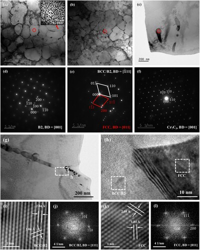 Figure 5. (a–c) Bright-field (BF) TEM micrographs showing fine grains, intergranular stripes, and particles inside grains of the HEA-Cr3C2 sample; The inset in (a) showing the DF TEM micrograph of the BCC/B2 matrix; Selected area diffraction patterns of (d) the BCC/B2 matrix, (e) the FCC phase and (f) Cr7C3 carbide indicated by the red circles shown in (a), (b) and (c), respectively; (g) BF TEM micrograph and (h) HRTEM image of the interface between the matrix and an intergranular belt structure; HRTEM micrographs and FFT patterns of (i and j) the B2 matrix and (k and l) an FCC belt structure indicated by the two square frames in (h), respectively.