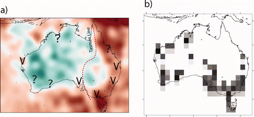 Figure 6 (a) Horizontal cross-section at 100 km depth through the deviation in seismic velocity from a mean reference velocity derived from the SKIPPY data. Darkest red areas correspond to a relative deviation of –8%; darkest blue areas correspond to a relative deviation of 8% (Fishwick et al. Citation2005). (b) Computed seismic strain rate for comparison. Question marks indicate regions where there is no match between deformation and present-day topography; V-symbols in indicate where this match is present.