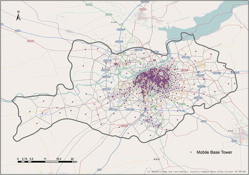 Figure 1. Spatial distribution of mobile base towers (dots) and associated Thiessen polygons. © [OpenStreetmap and contributors]. (The base map is obtained from OpenStreetmap, following the creative commons-share alike license. http://creativecommons.org/licenses/by-sa/2.0/)