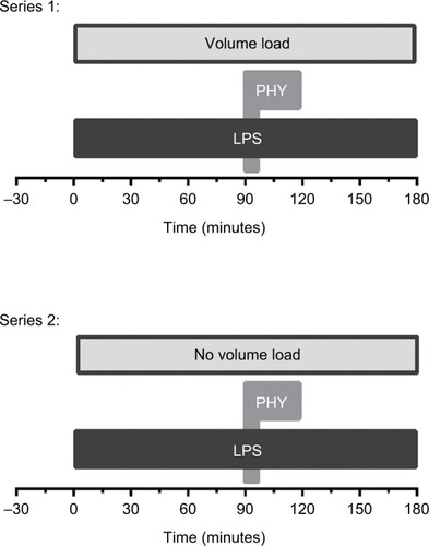 Figure 1 Time scale of the administration of LPS and PHY.Notes: Catheters were inserted in femoral artery and vein before starting the LPS and PHY administration. Systemic inflammation was induced by an intravenous infusion of LPS (0.5 mg/kg×h over a period of 180 minutes). In series 1, physiological sodium chloride solution was continuously infused starting directly after the beginning of the LPS infusion at a rate of 3 mL/kg×h. PHY (50 µg/kg×10 minutes) was infused at T=90 minutes after starting the LPS infusion. Blood samples were taken from the femoral artery catheter directly before starting the induction of systemic inflammation (0 minutes) and any half an hour (30, 60, 90, 120, 150, and 180 minutes).Abbreviations: LPS, lipopolysaccharide; PHY, physostigmine.