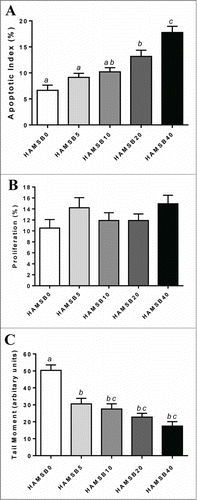 Figure 2. Analysis of the distal colon of rats fed HAMSB and killed 6 hours after AOM injection. (A) AI as measured by morphological assessment of haematoxylin stained slides (n = 15/group) (B) Epithelial proliferation as measured by Ki67 immunohistochemistry (n = 15/group) (C) Genetic damage as measured by single-cell gel electrophoresis (comet) assay (n = 10/group). Columns within a graph not sharing the same letter are significantly different (P < 0.05, mean±SEM ).