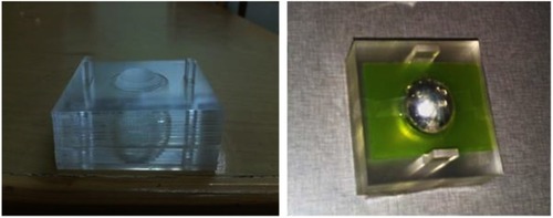 Figure 3 Experimental phantom (left) and CCB plaque along with EBT2 film on the phantom in the experimental dosimetry (right).