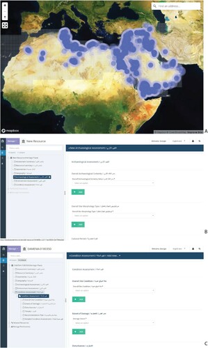 Figure 2. Example of data entry in the EAMENA database. A) Distribution of archaeological sites documented by the EAMENA project. B) Excerpt from the database’s archaeological assessment form highlighting the use of certainty values. C) Excerpt from the database’s site condition assessment form (screenshots from database.eamena.org).